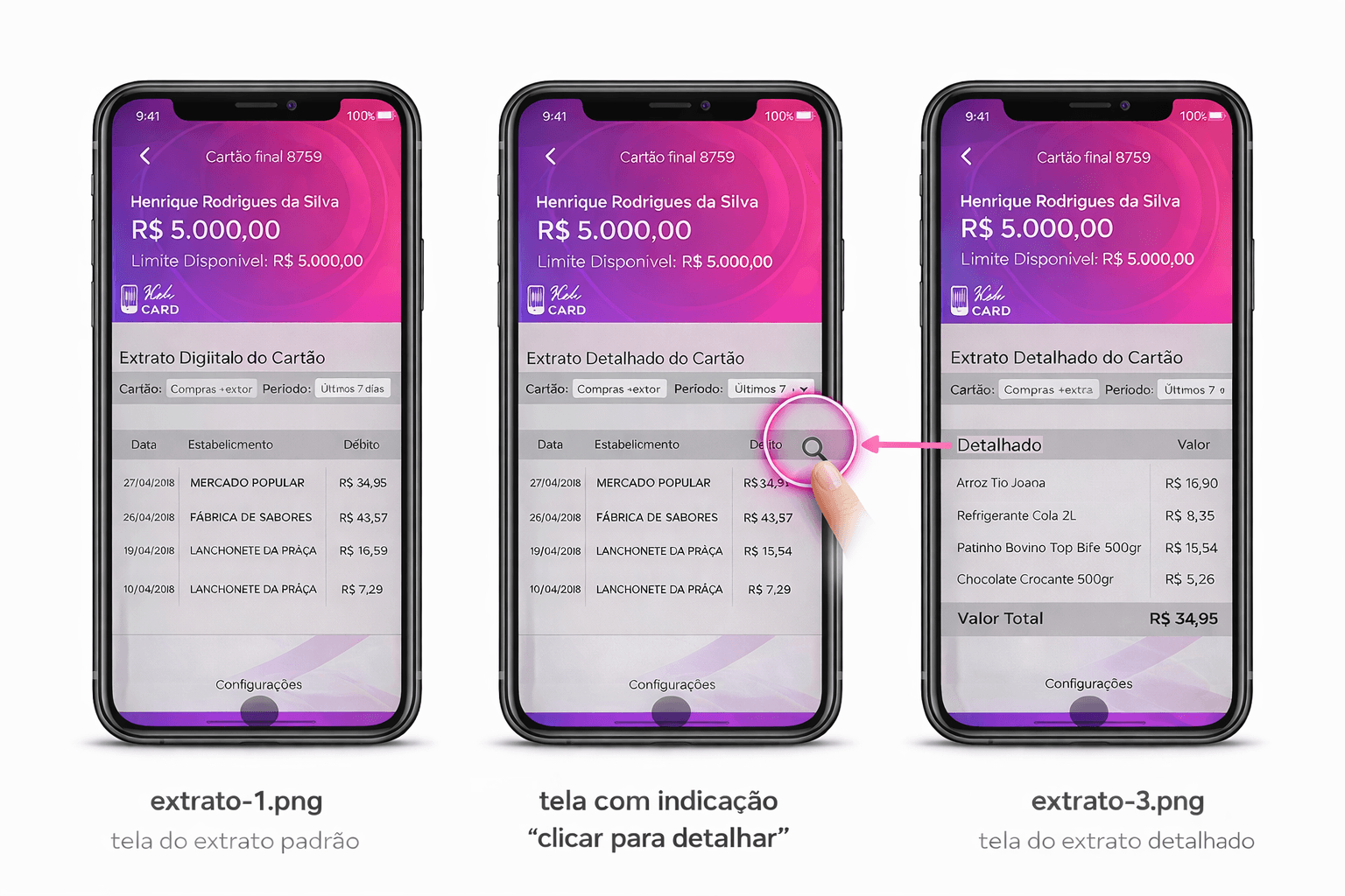Fluxo do extrato no app KidsCard mostrando extrato padrão, clique para detalhar e extrato detalhado