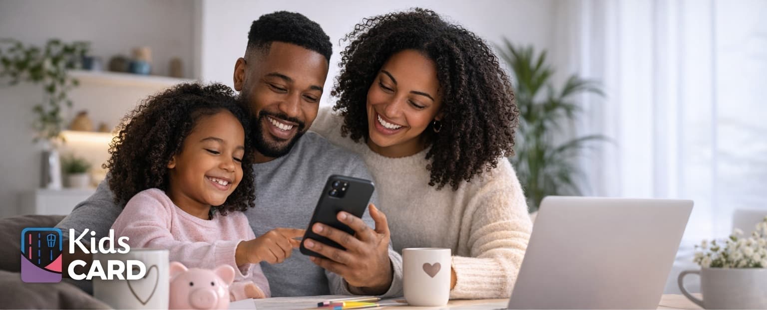 Família utilizando conta digital KidsCard